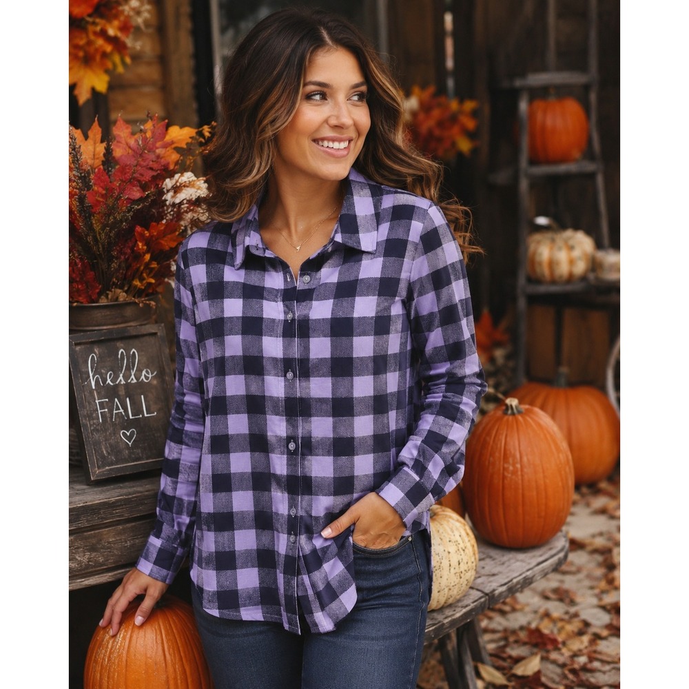 Talbots Petite Purple Buffalo Check Plaid Metallic Button Down Shirt P NWT‎